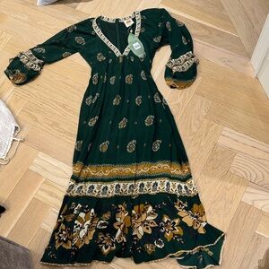 FARM Rio Green and Gold Floral Long Sleeve Dress